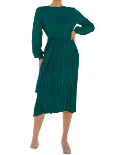 Trendy & Timeless Pleated Knitted Long Sleeve O-neck knee length Dress for Women – Dress B61