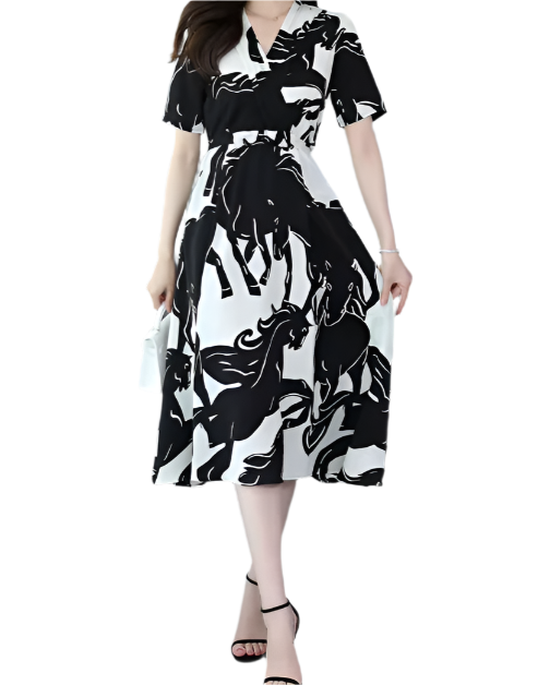 Elegant V-neck A-line Slim-Waist Dress for Women – DRESS-B57