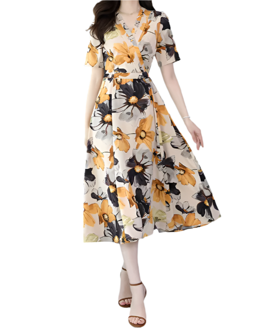 Elegant V-neck A-line Slim-Waist Dress for Women – DRESS-B57