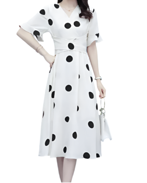 Elegant V-neck Short Ruffles Sleeve Slim Waist A-line Casual Dress for Women – DRESS-B64