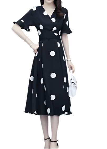 Elegant V-neck Short Ruffles Sleeve Slim Waist A-line Casual Dress for Women – DRESS-B64