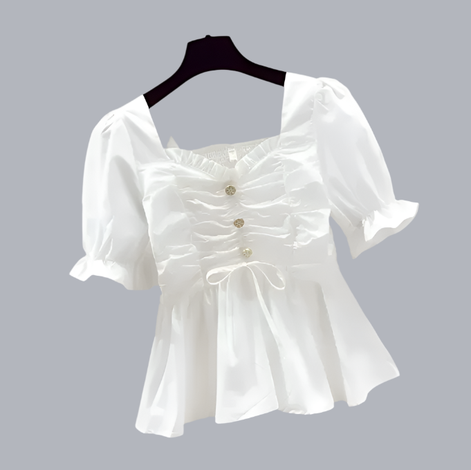 Square Neck-line Pleated front and Short Sleeve with Back Elastic Top for Women- BL51
