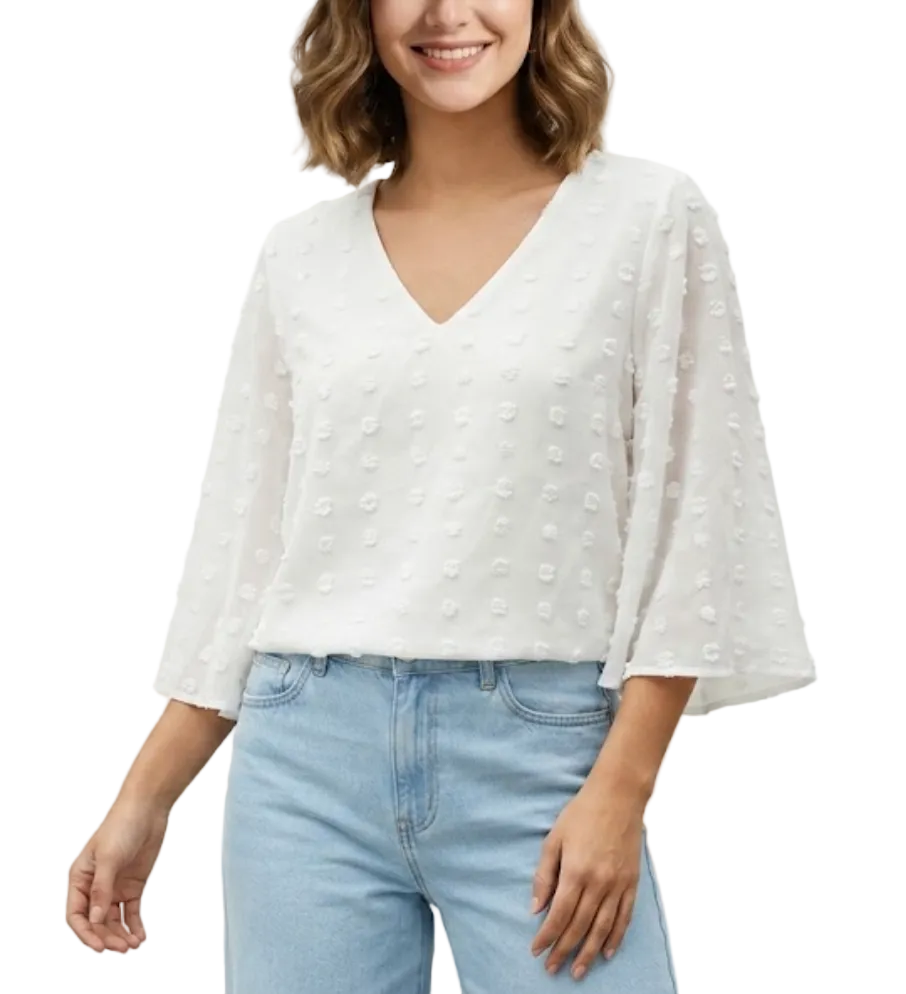 Chiffon V-neck self-embroidered dots Fabric with Half Short Flare Sleeve Blouse for Women- BL4