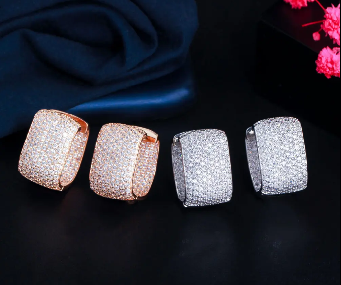 Double Sided Micro Paved Cubic Zirconia White Gold Plated CZ Stone Hoop Earrings - CZ-Earring- ER - 18