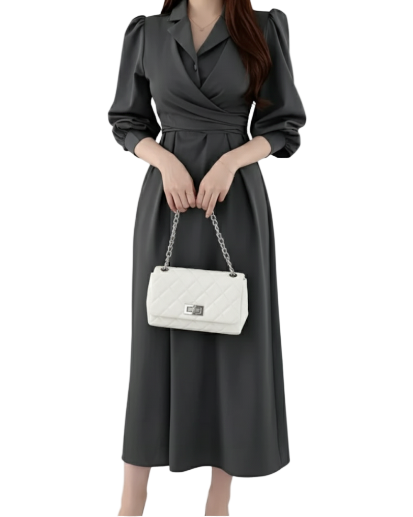 Elegant Lapel Collar Long Sleeve Mid Length DRESS-B101