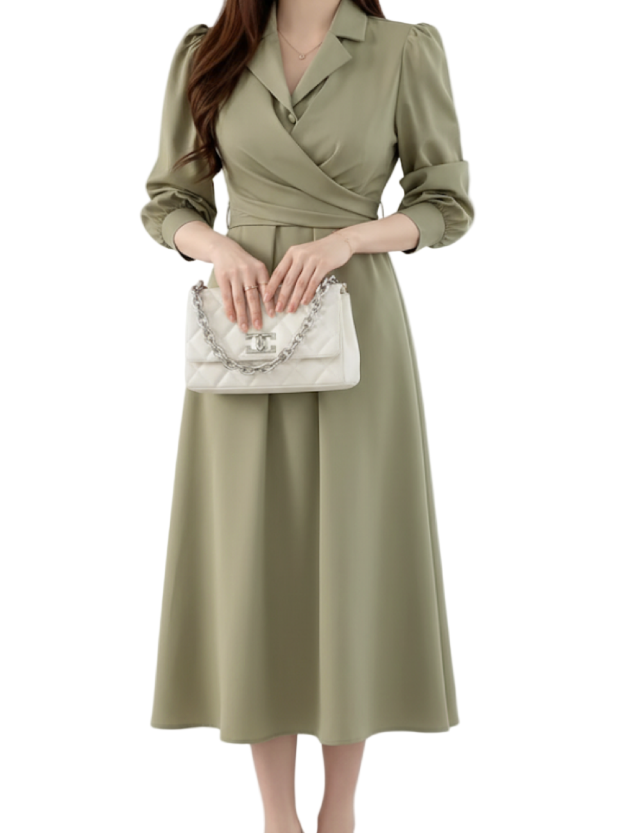 Elegant Lapel Collar Long Sleeve Mid Length DRESS-B101