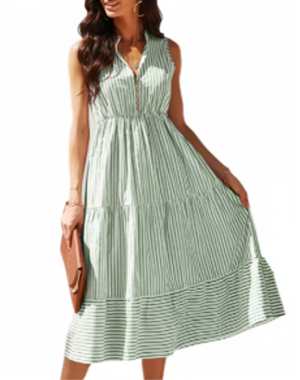 Elegant Sleeveless V-neck Striped Slim-Waist Dress for Women – DRESS-B49Z