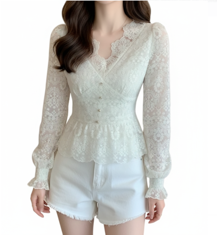 Elegant Slim Waist V- neck Lace Blouse for Women - BL10