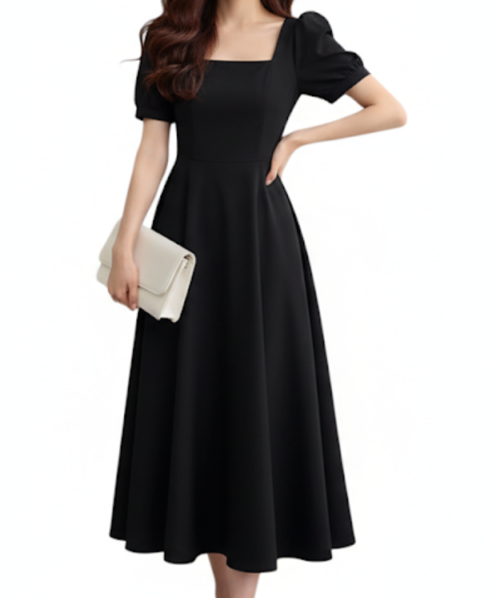 Elegant Square-Neck-line Short Sleeve DRESS-B111
