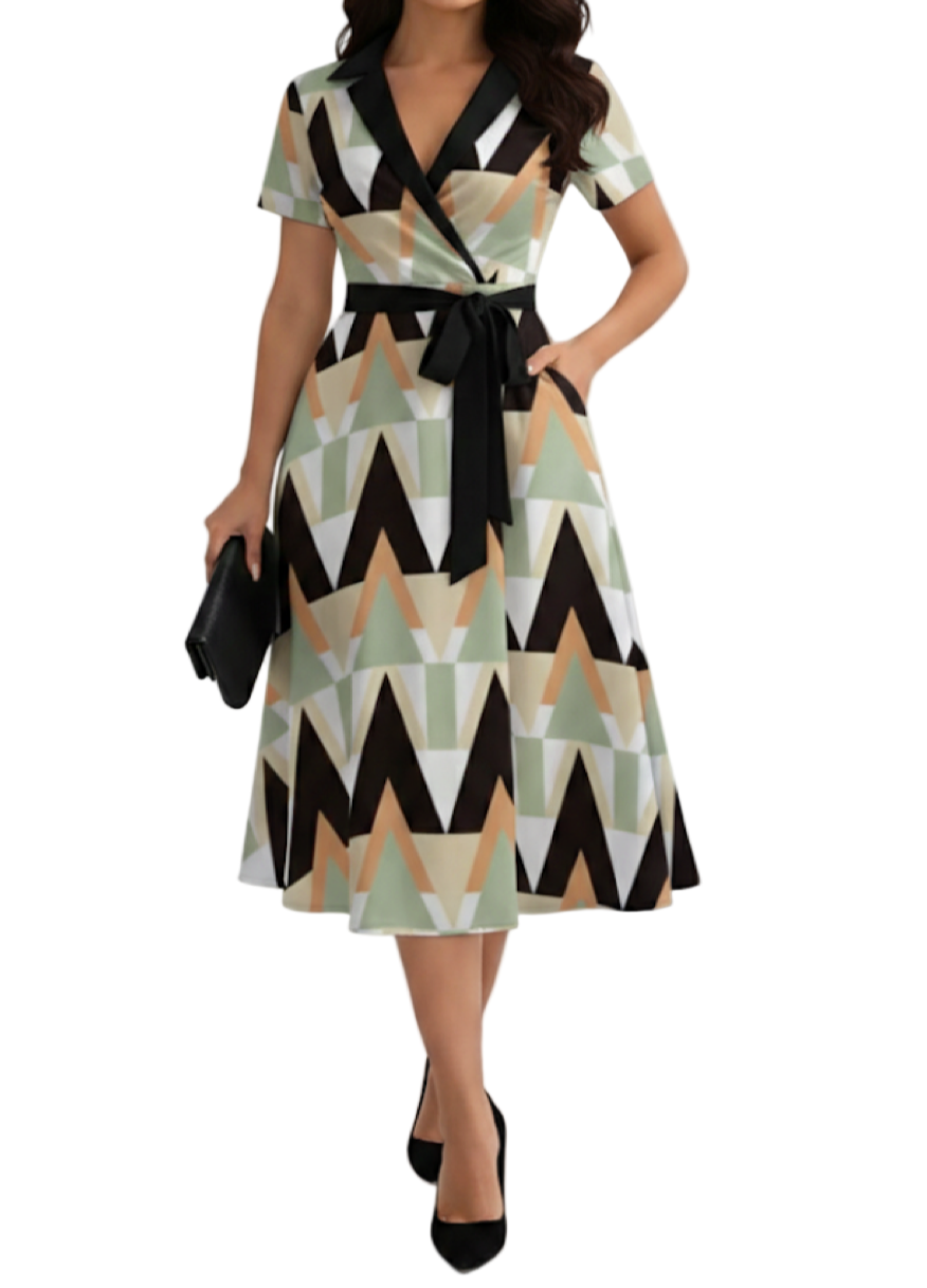 Elegant V-neck Slim-Waist Belt A-line Dress for Women- DRESS-B02