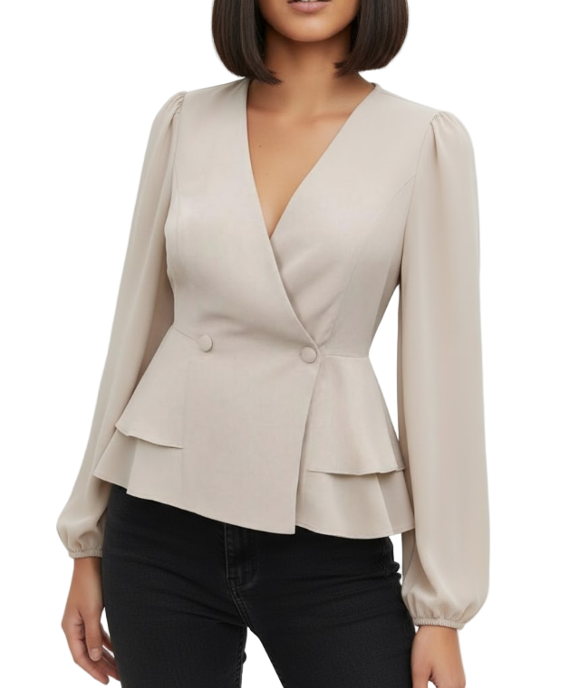 Elegant Versatile V-Neck Lantern Sleeve Ruffle Button Slim Waist Top - SM8-TOP-52