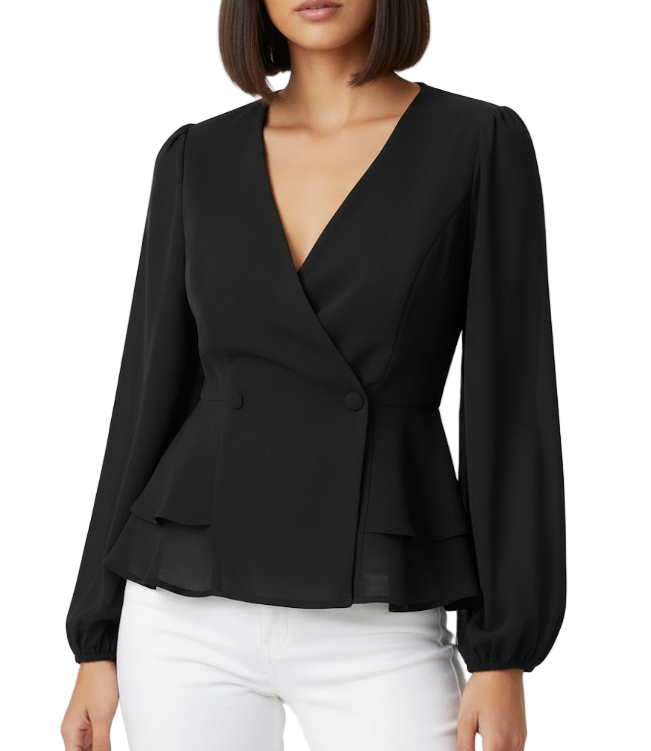 Elegant Versatile V-Neck Lantern Sleeve Ruffle Button Slim Waist Top - SM8-TOP-52