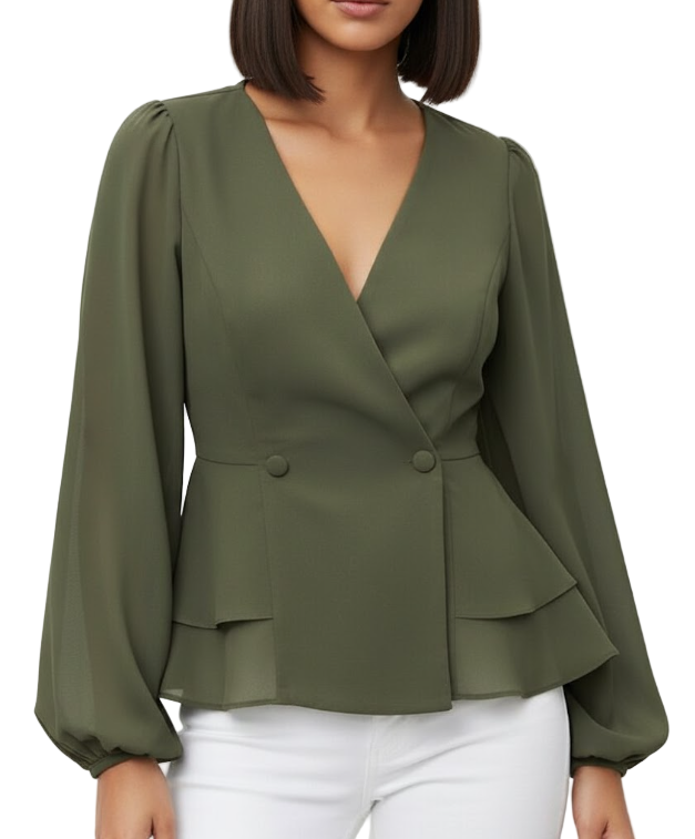 Elegant Versatile V-Neck Lantern Sleeve Ruffle Button Slim Waist Top - SM8-TOP-52