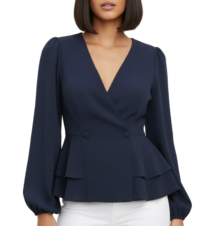 Elegant Versatile V-Neck Lantern Sleeve Ruffle Button Slim Waist Top - SM8-TOP-52
