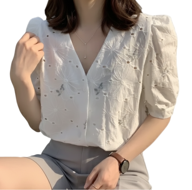 Embroidered V-neck with Half Bubble Sleeve Top for Women – BL58