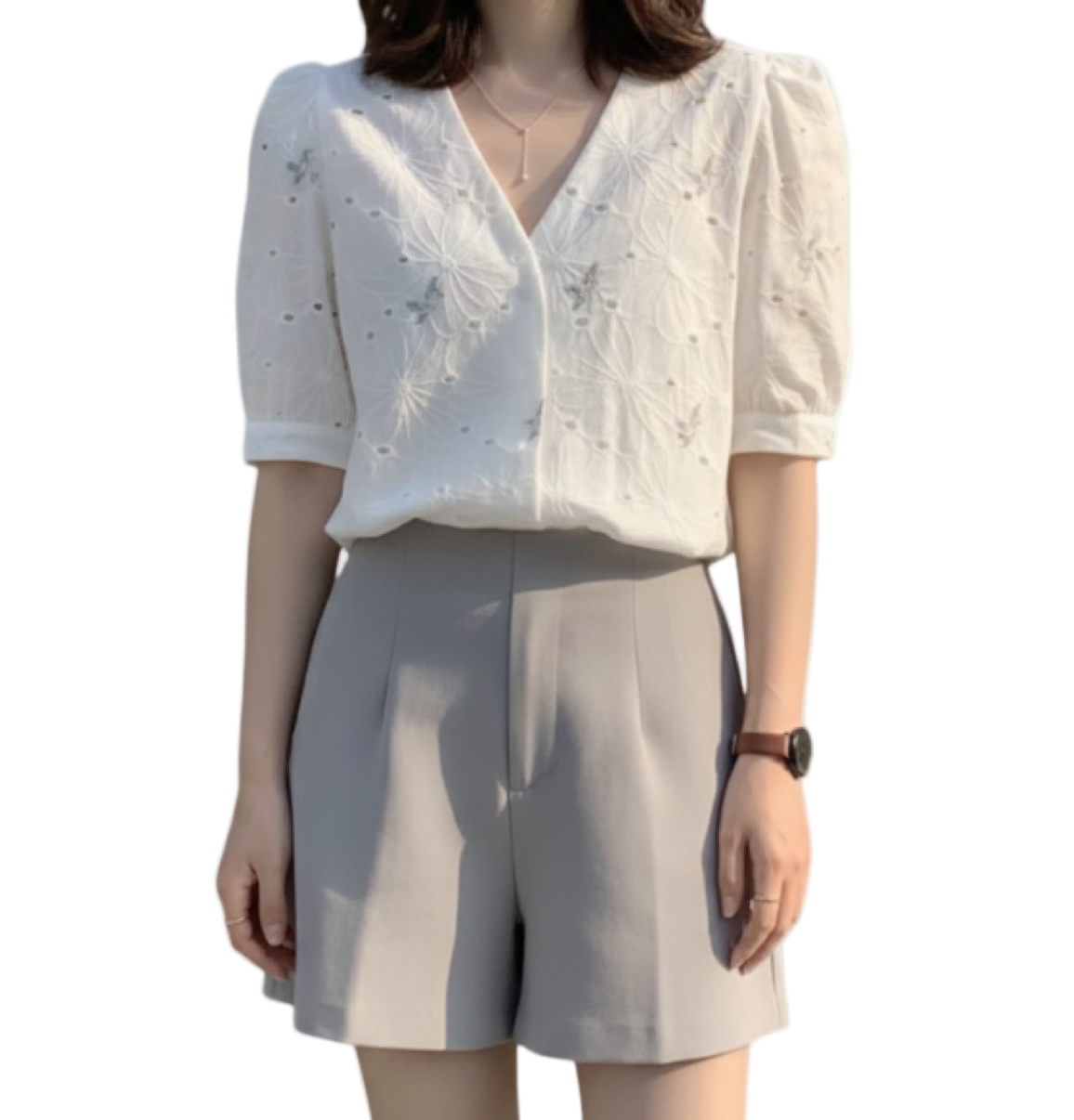 Embroidered V-neck with Half Bubble Sleeve Top for Women – BL58