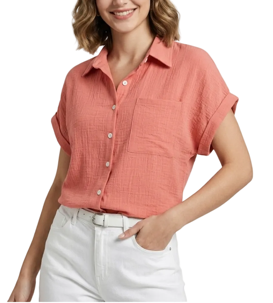 NO Ironing Wrinkled Fabric with Short Sleeve Collar – Shirt for Women – BL30