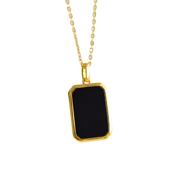 18k Gold Pendant - 5d Real Hard Gold Rectangular Natural Black Agate 1 Gram Stone Setting Pendant B1-GNC-03