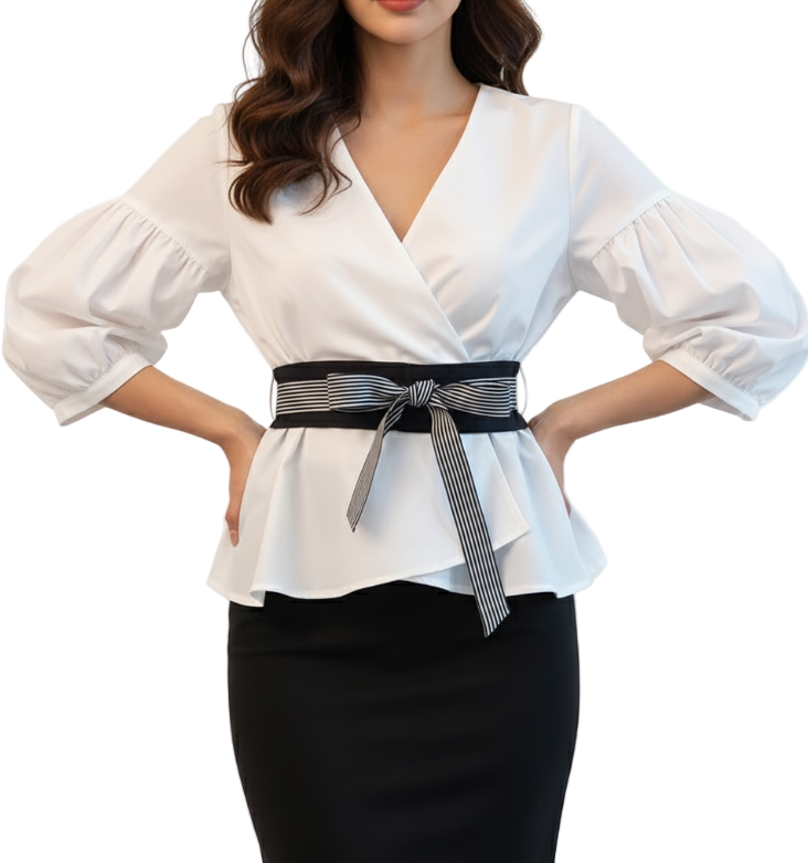 Trendy & Elegant Versatile V-Neck Lantern Sleeve Ruffle Belted Slim Waist Top - SM8-TOP-52