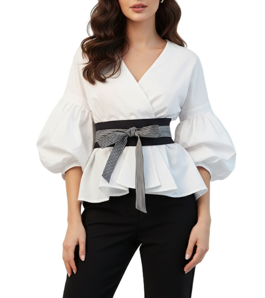 Trendy & Elegant Versatile V-Neck Lantern Sleeve Ruffle Belted Slim Waist Top  - SM8-TOP-52
