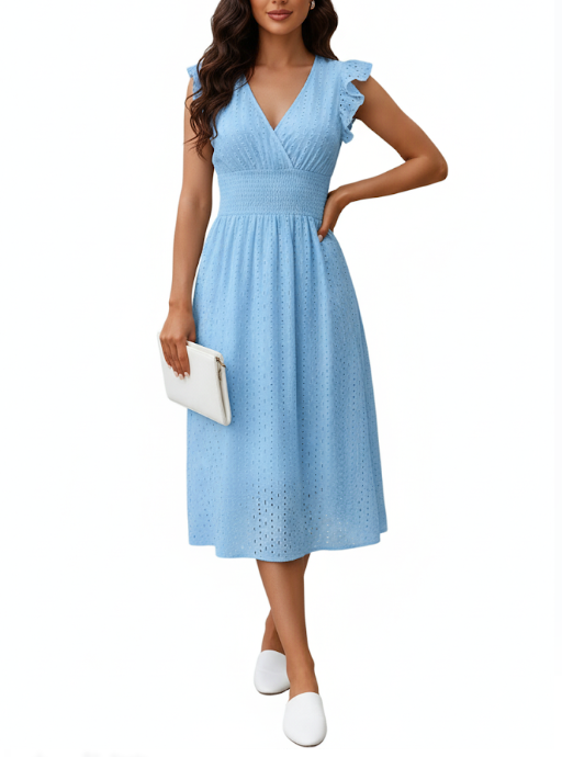 Elegant and Trendy Embroidered Cotton V-neck Summer DRESS-B05