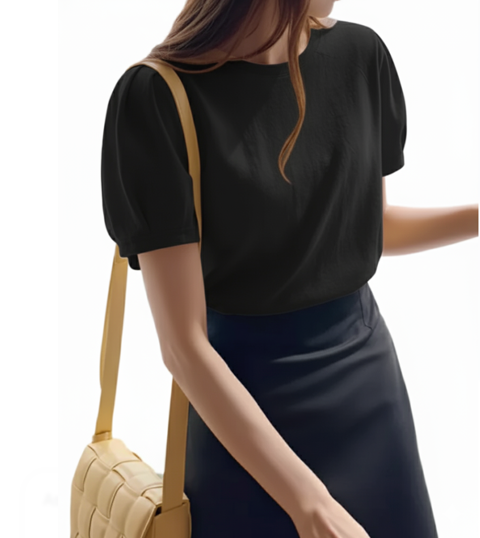 Trendy Women's O-neck Short- Puff Sleeve SHIRT-BL137