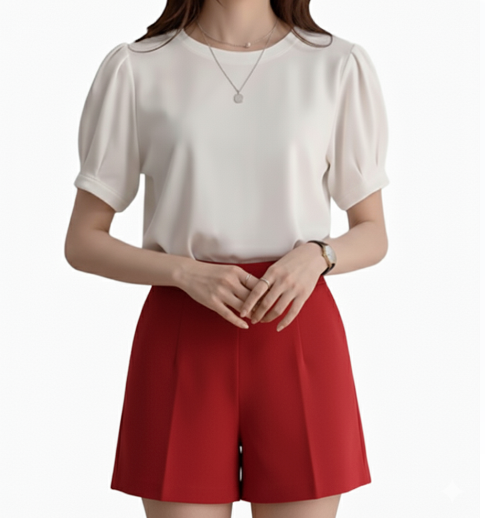 Trendy Women's O-neck Short- Puff Sleeve SHIRT-BL137