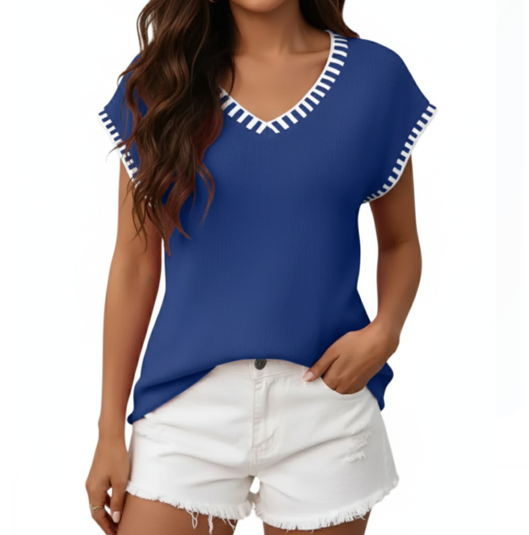 Trendy Short-Sleeved V-Neck Thin Knitted Pullover Woman's Shirt TOP-B1-BL-239