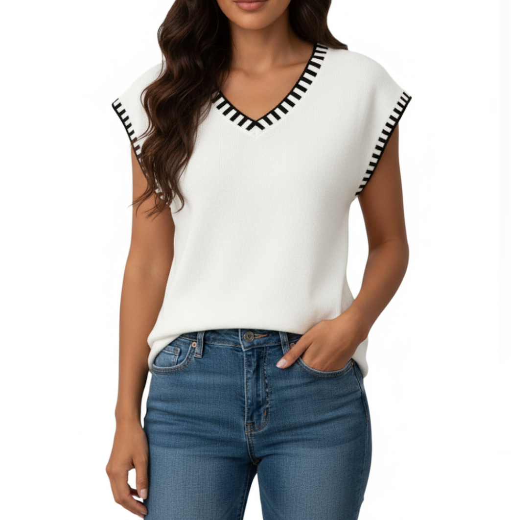 Trendy Short-Sleeved V-Neck Thin Knitted Pullover Woman's Shirt TOP-B1-BL-239
