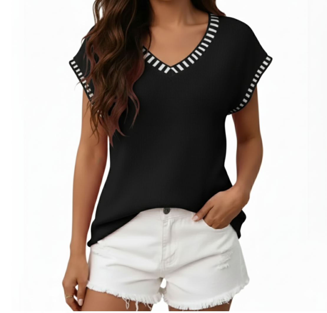 Trendy Short-Sleeved V-Neck Thin Knitted Pullover Woman's Shirt TOP-B1-BL-239