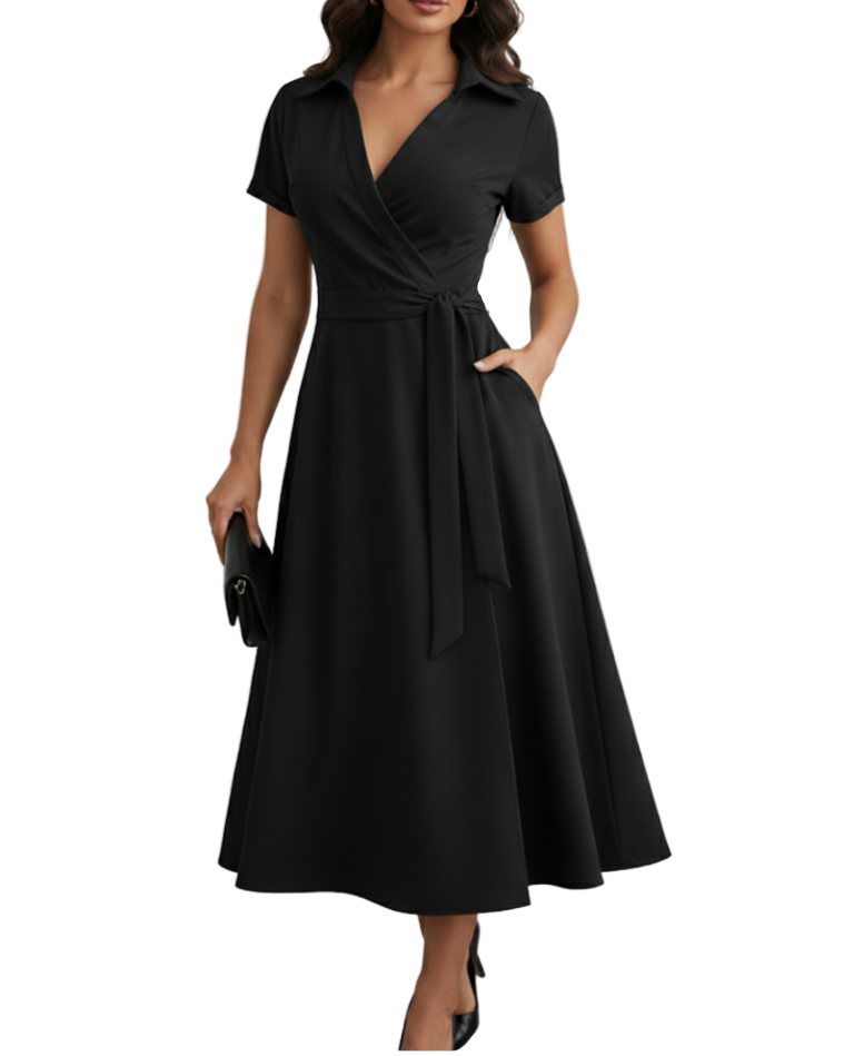 Trendy & Timeless V-neck Slim-Waist Belt A-line Dress for Women- DRESS-B02