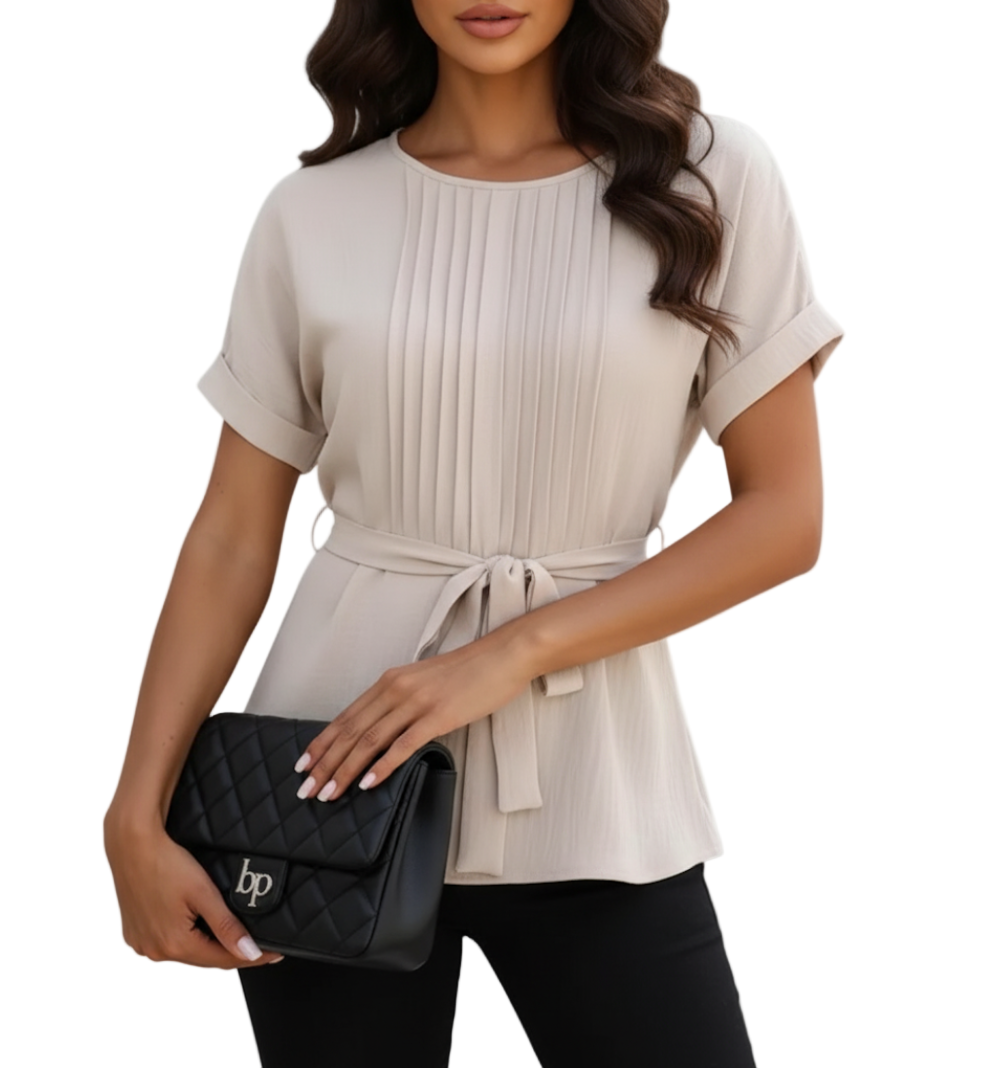 Trendy Short-sleeve Pleated Neck Front Waist Belt Blouse for Women-TOP-B1-BL-237
