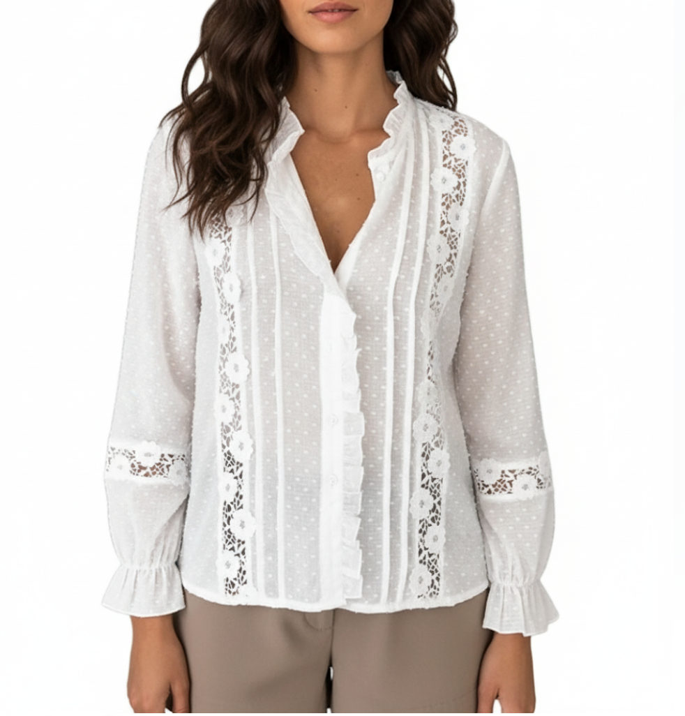 Timeless & Classy Ruffles Flare Front Long Sleeve Hollow Out Tops - SM8-TOP-62