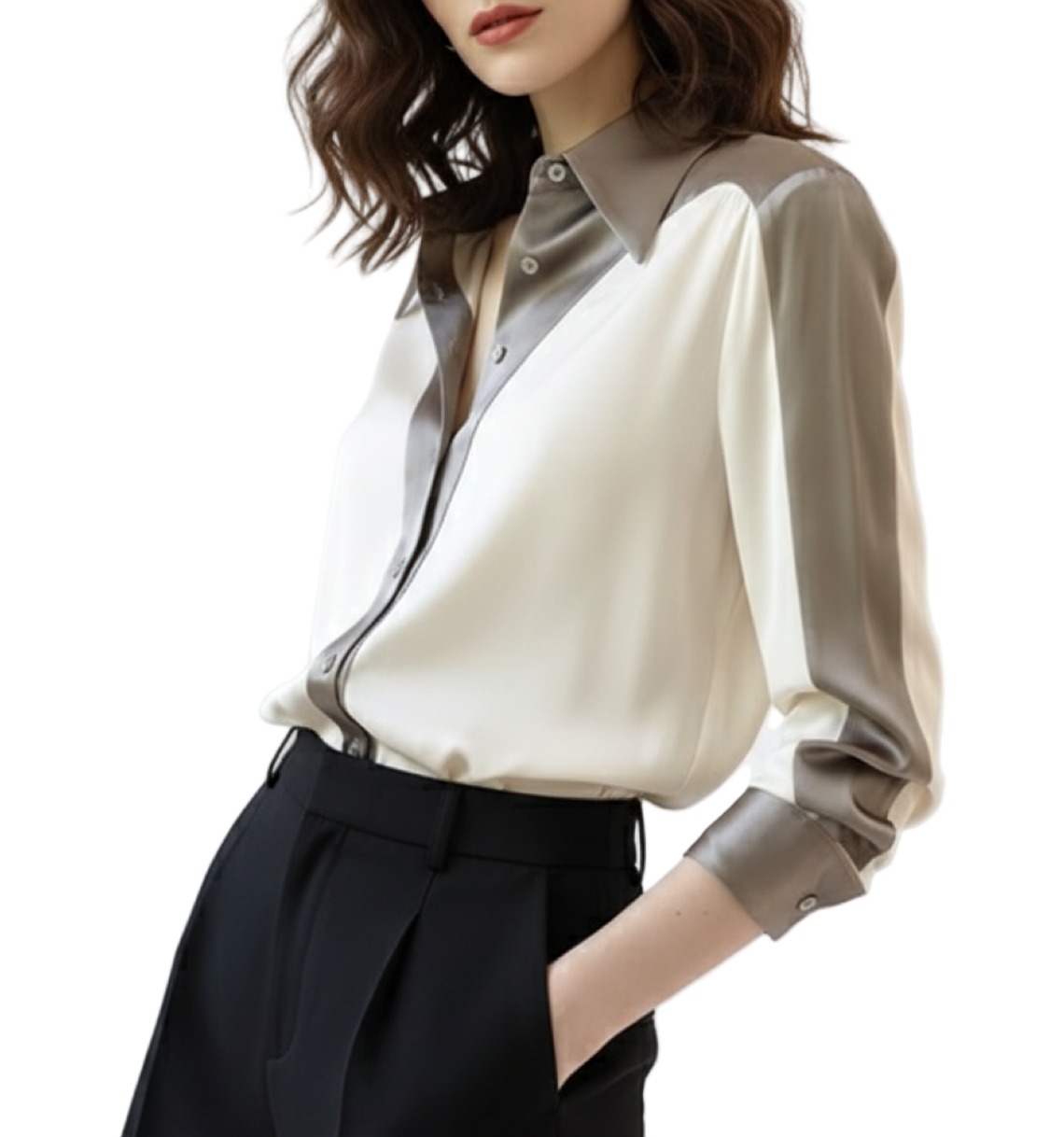 Trendy Patchwork Long Sleeve Cardigan Collar Dress Shirt for Women - SM8-TOP-61