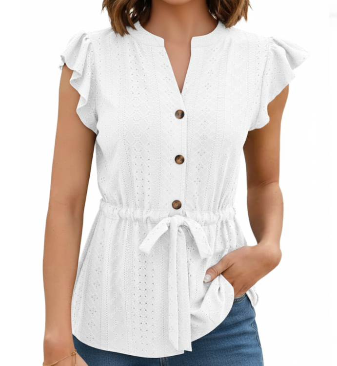 Stylist Embroidered V-neck Buttoned Women’s Top with Short Sleeve - BL26