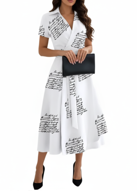 Elegant V-neck Slim-Waist Belt A-line Dress for Women- DRESS-B02