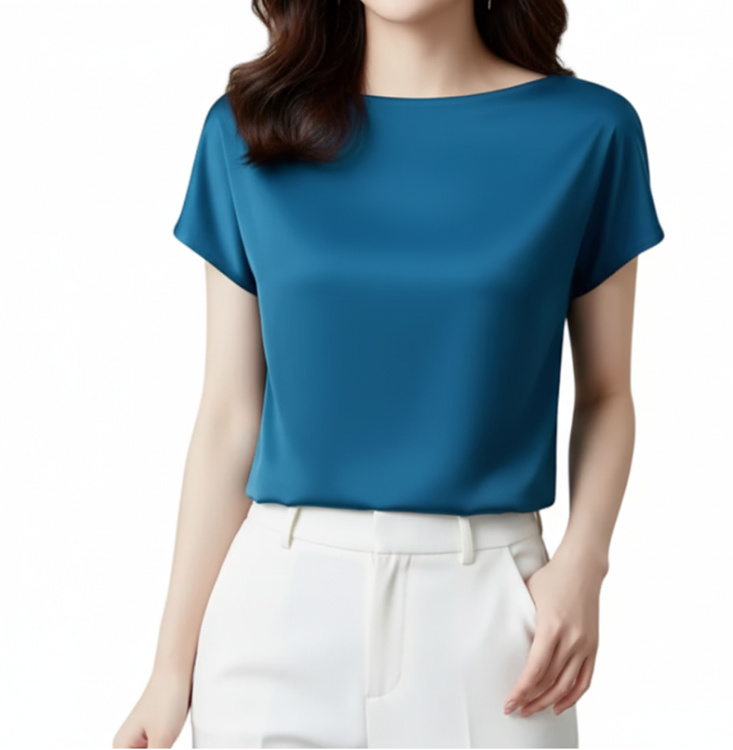 Timeless Women's Stain Silk Small to Plus Size O-neck Short Sleeve SHIRT-BL138