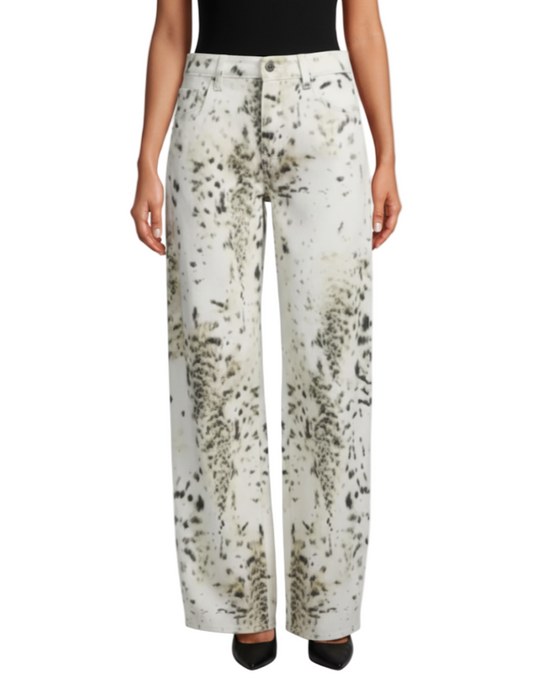 Trendy & Elegant Washed Leopard Print Women's White Jeans - B6-JP-634