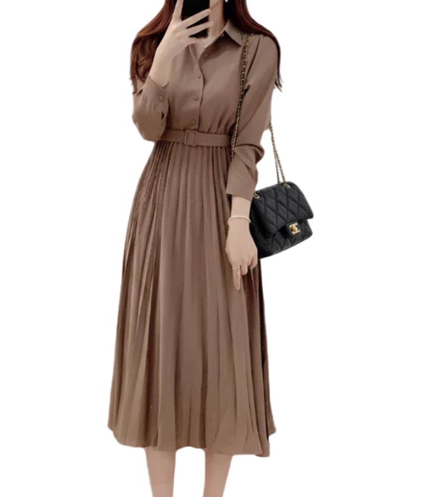 Trendy Lapel Collar Long Sleeve Knee Length DRESS-B106