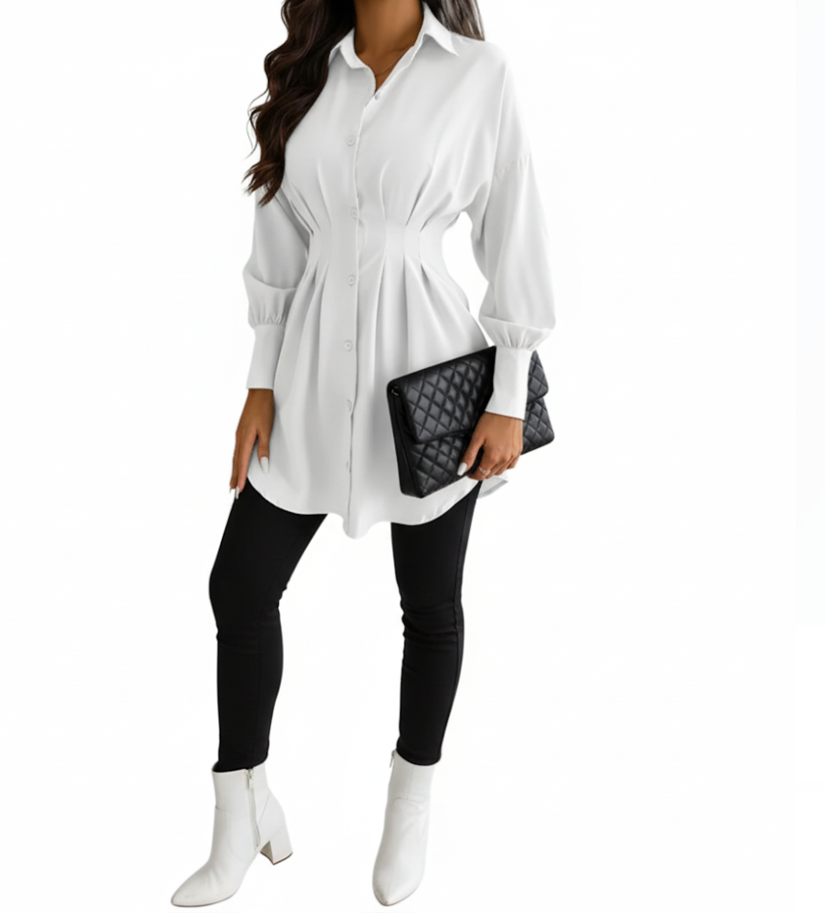 Trendy Long Sleeve Slim Waist Lapel Collar Long SHIRT-BL1001