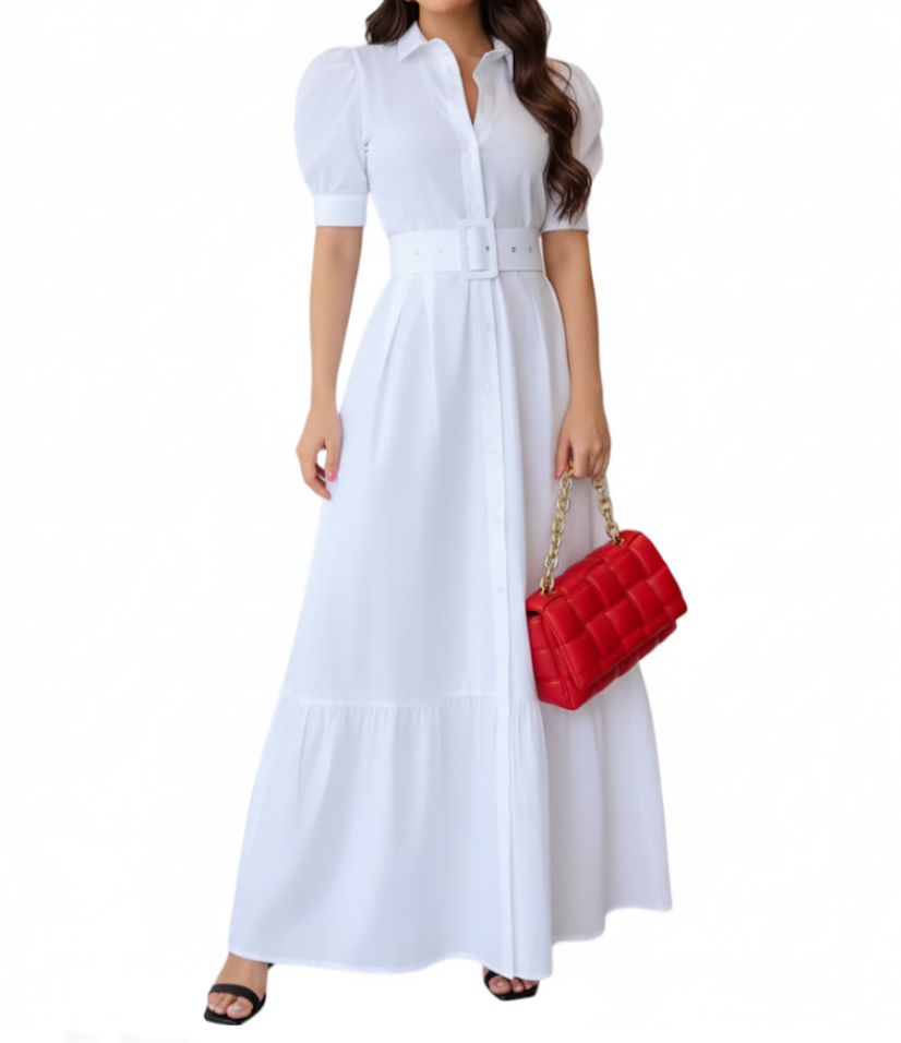 Trendy Short Sleeve Button Front with Waist Belt Long Summer DRESS-B115