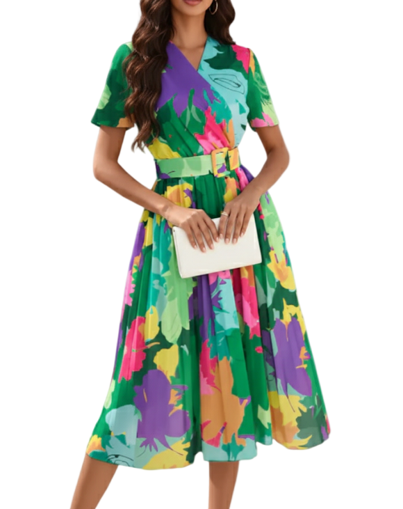 Trendy Summer Short Sleeve with Waist Belt Floral DRESS-B48