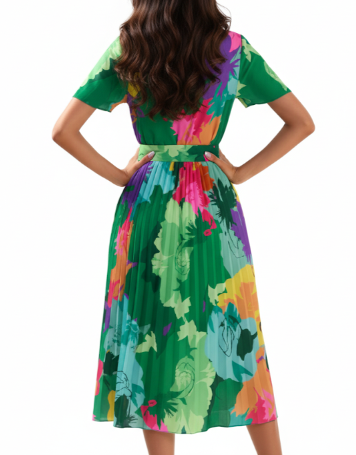Trendy Summer Short Sleeve with Waist Belt Floral DRESS-B48
