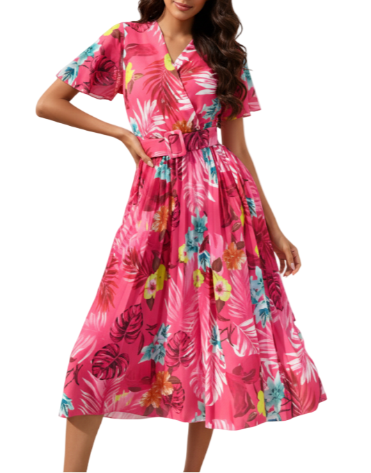 Trendy Summer Short Sleeve with Waist Belt Floral DRESS-B48