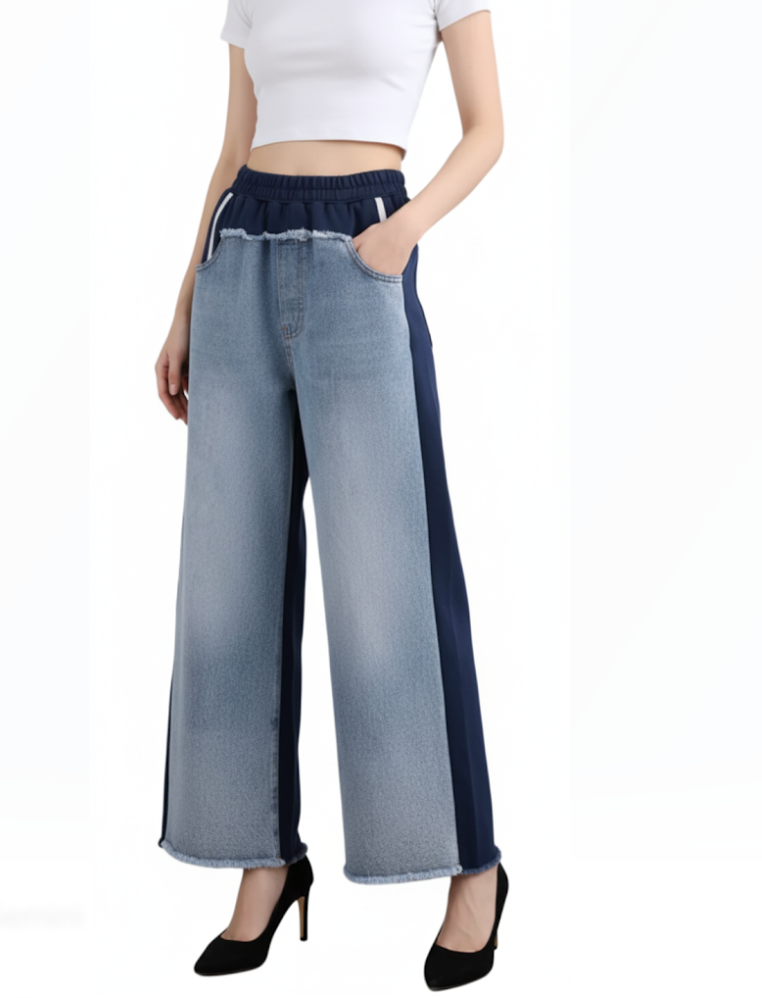Trendy Two-Tone High Waist Wide Leg Women's Jogger Jeans -B6-JP-618
