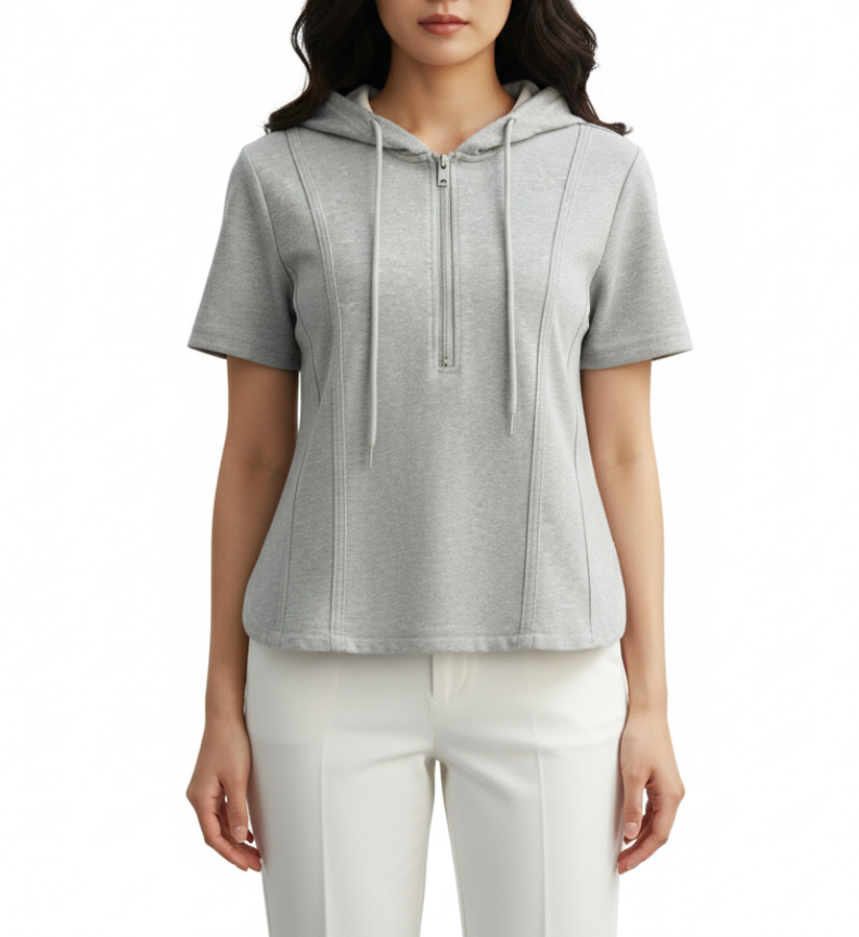 Trendy Zipped Hooded Short Sleeve Tops for Women- B6-TOP-B667