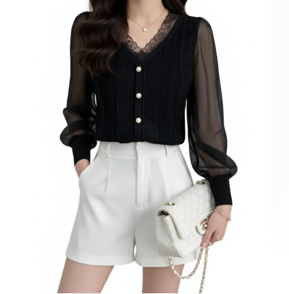 Trendy & Elegant Laced V-neck Shirt TOP-B1-BL-268