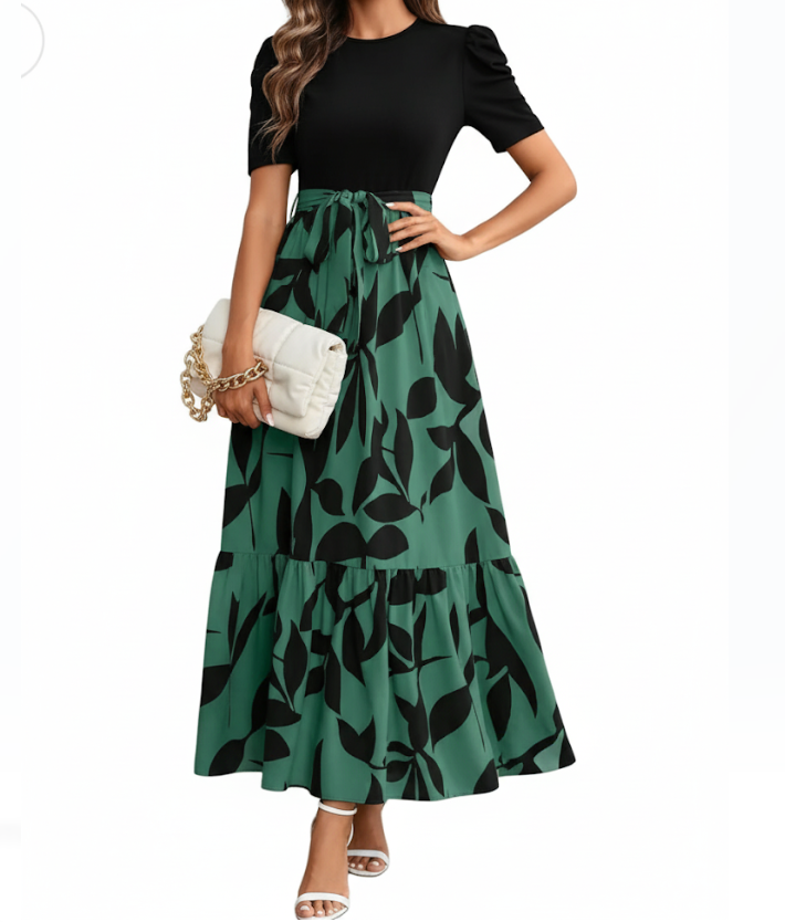 Trendy & Elegant O-neck Short Sleeve Long Skirt Dress for Women- DRESS-B114