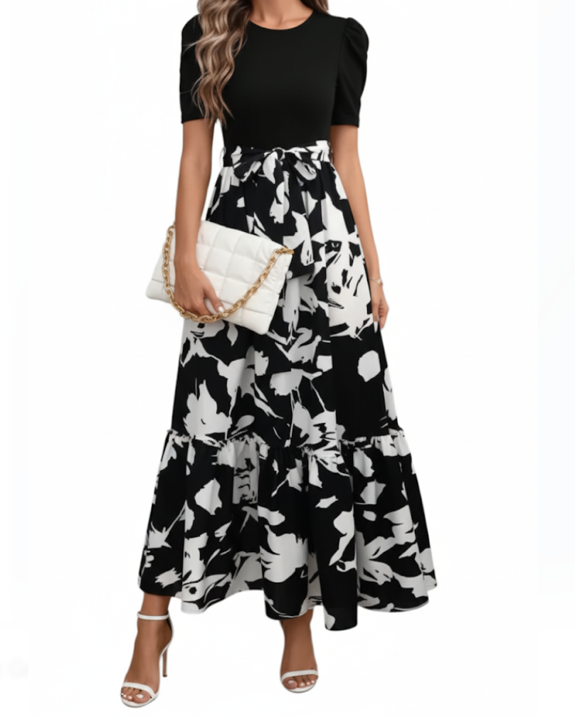 Trendy & Elegant O-neck Short Sleeve Long Skirt Dress for Women- DRESS-B116