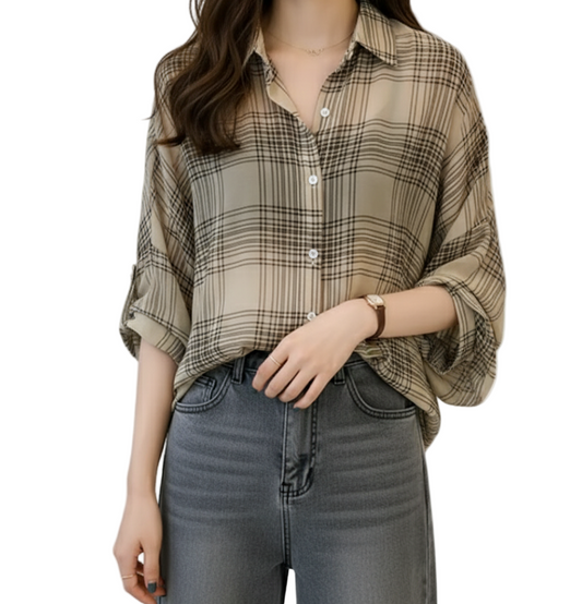 Trendy & Timeless Chiffon Plaid Puff Sleeve Shirt -TOP-B1-BL-279
